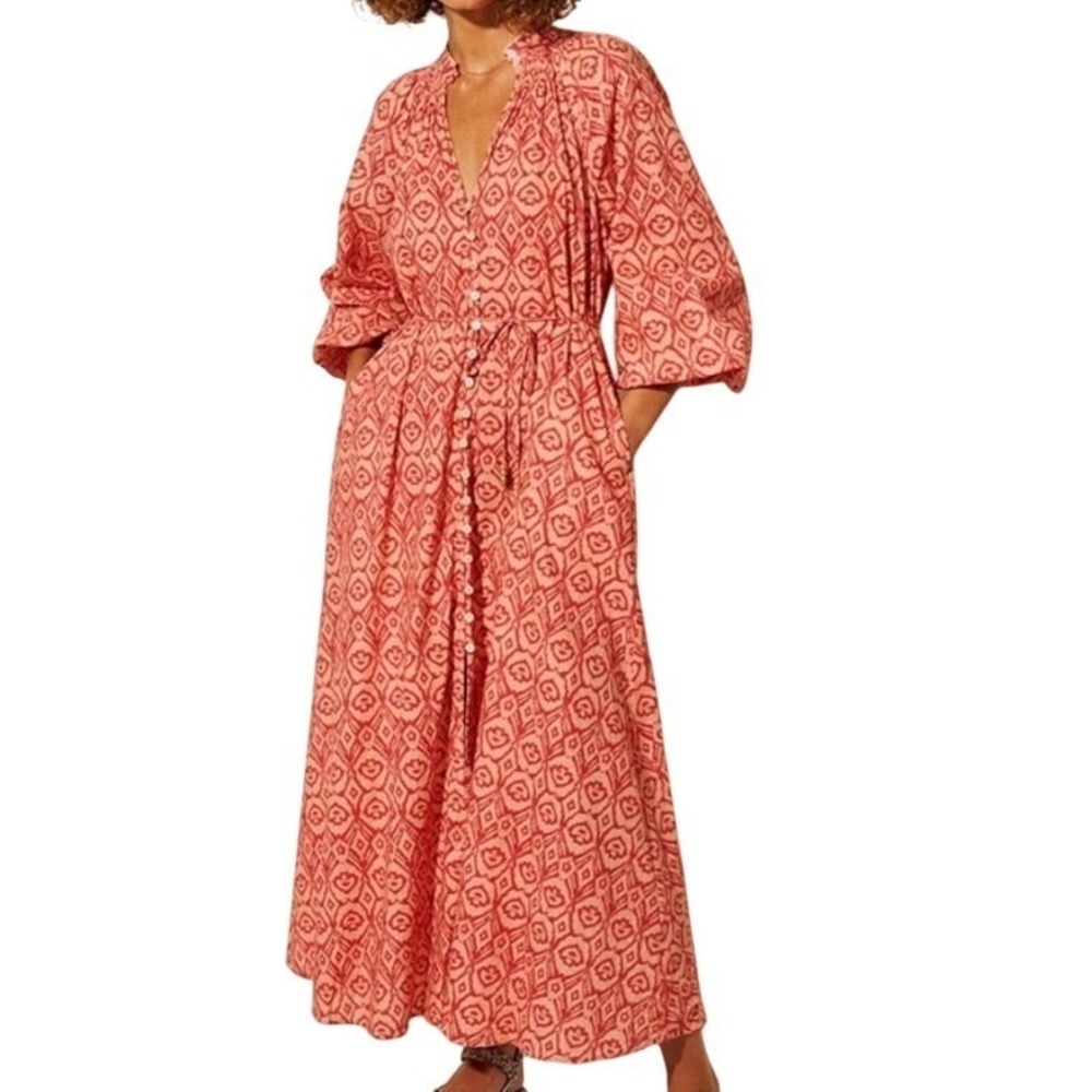 Kivari Maxi Dress Womens 10 Batik Print Resort Smocked Balloon Sleeve Peasant